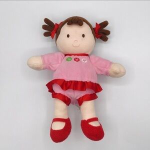 CARTER'S Soft Doll 9” Plush Brown Hair Eyes Pink Dress Rattle Baby Girl